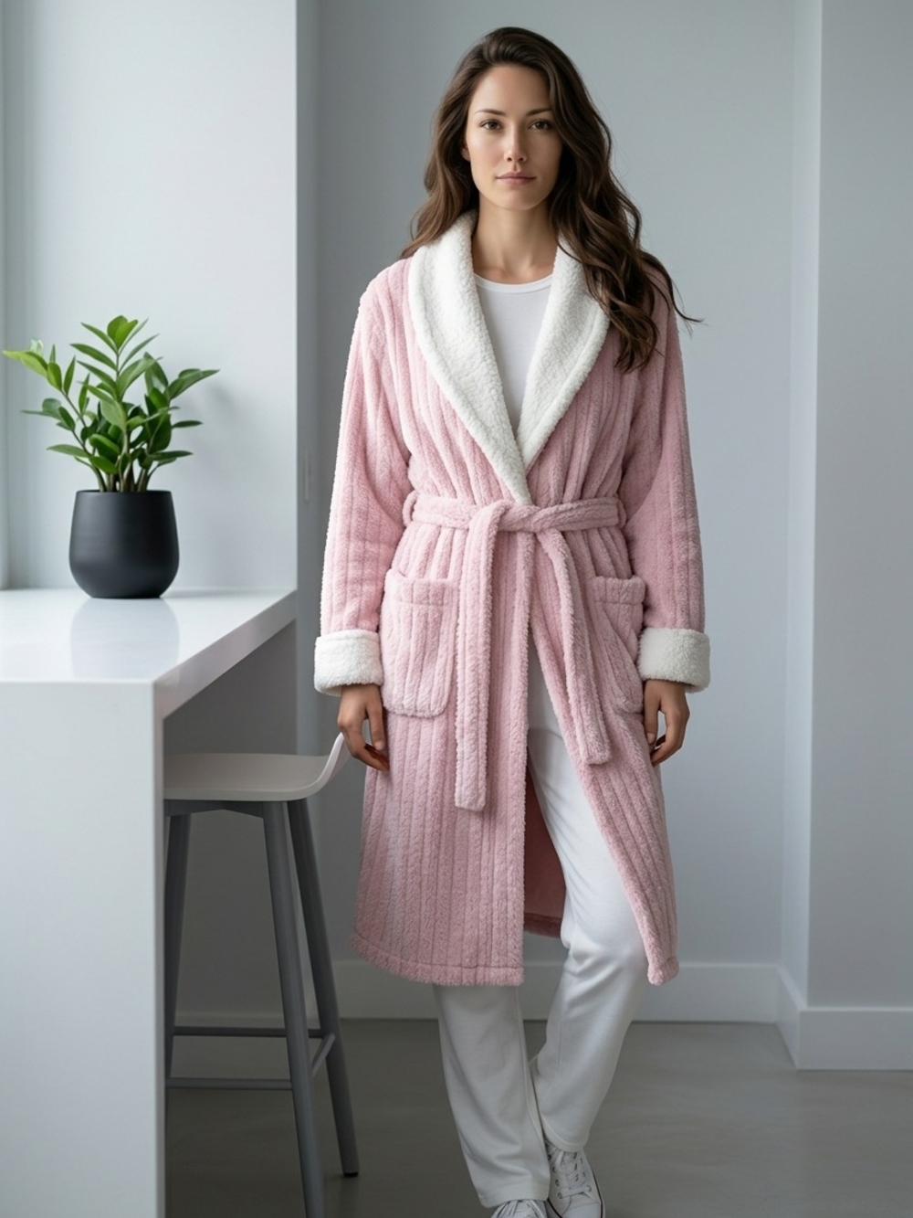Croft & Barrow Pink/White Plush Fleece Lounge Robe Sherpa Shawl Collar L